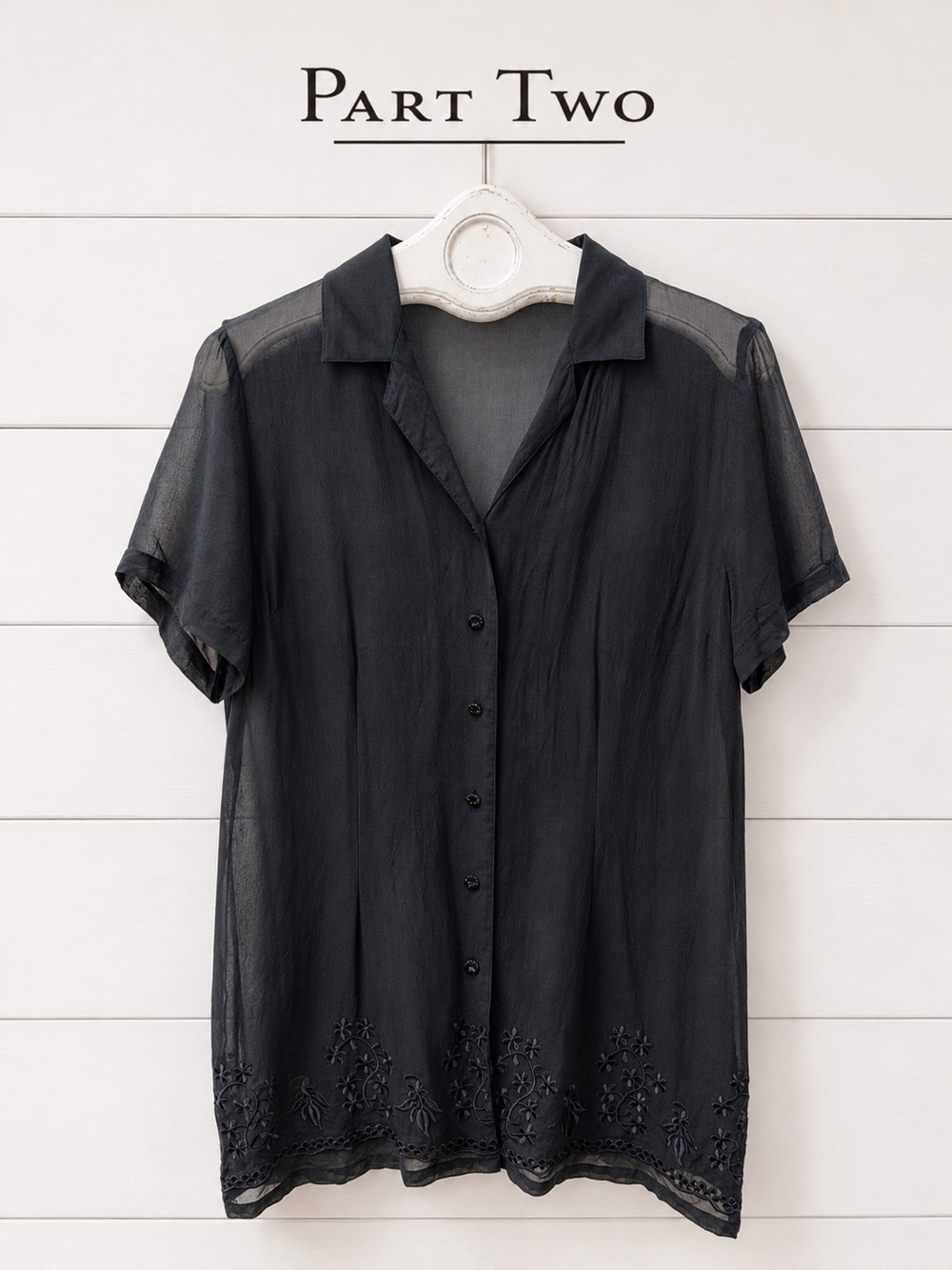 Part Two Black Sheer Embroidered Blouse – Short Sleeve – Size M